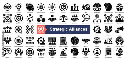 Strategic Alliances Icon Collection Set.Containing collaborative, innovation, global market, market expansion icon. Simple glyph style Vector Illustration.
