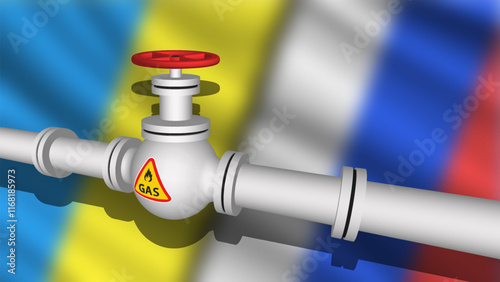 Vector wavy blurred flags of Ukraine and Russia. Political economic banner. Relations between countries. 3d gas pipeline. Termination of gas transit.