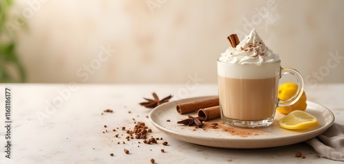 Hot Buttered Rum with Whipped Cream and Spices on a Light Background
