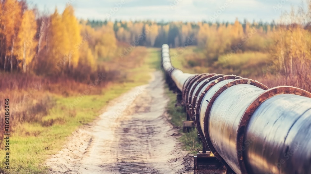 Pipeline Transport Through Autumn Landscape with Orange and Green Foliage Pipeline Transport Through Autumn Landscape with Orange and Green Foliage