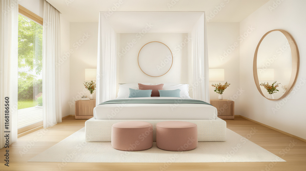 Fototapeta premium Modern bedroom with canopy bed and natural light enhancing a serene atmosphere