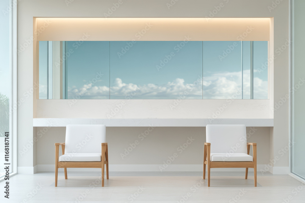 Fototapeta premium Modern minimalist interior with chairs and a large mirror reflecting the sky and clouds