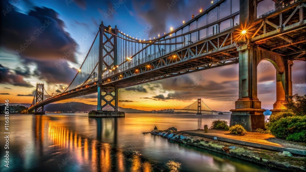Obraz premium HDR night shots reveal the Oakland Bay Bridge's industrial beauty: rust, decay, graffiti, and steel against a cinematic, post-apocalyptic backdrop.