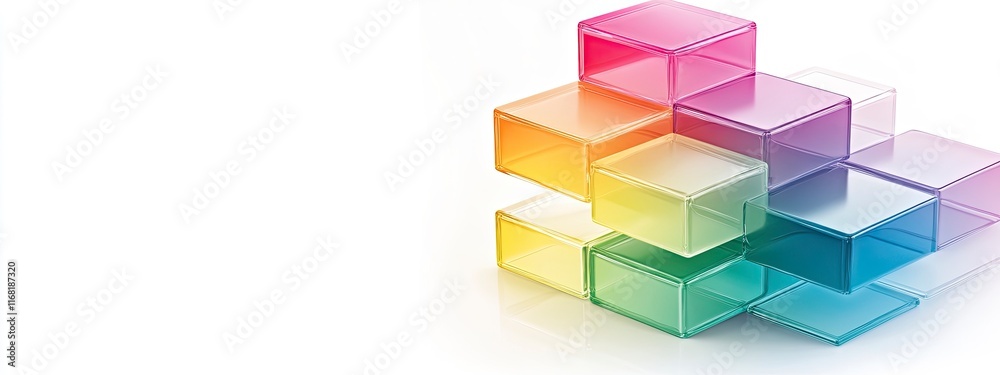 Colorful transparent geometric blocks arranged artistically in a vibrant display on a reflective surface