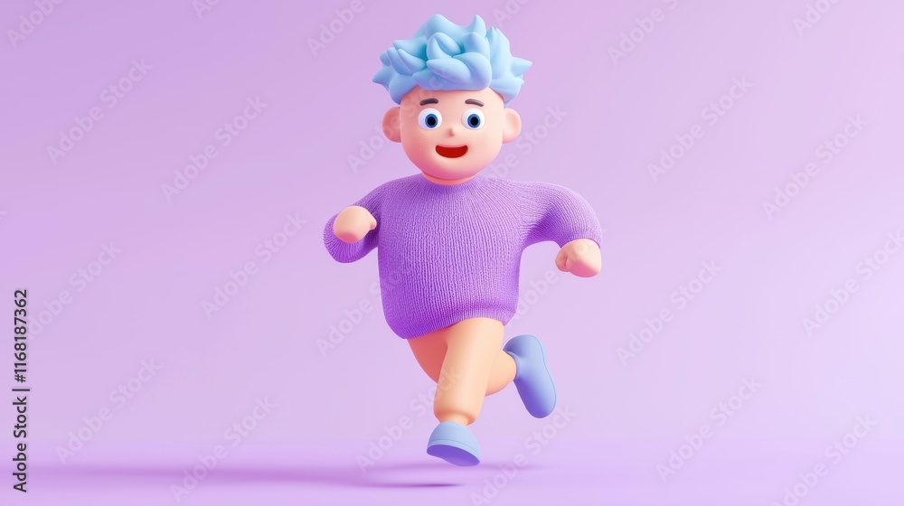 Dynamic character running in purple sweater playful animation scene colorful background vibrant environment Dynamic character running in purple sweater playful animation scene colorful background vibrant environment