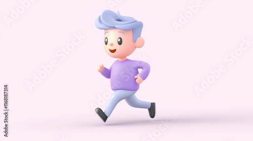 Wallpaper Mural Young man with blue hair runs joyfully in purple sweater animated scene vibrant environment playful concept Torontodigital.ca