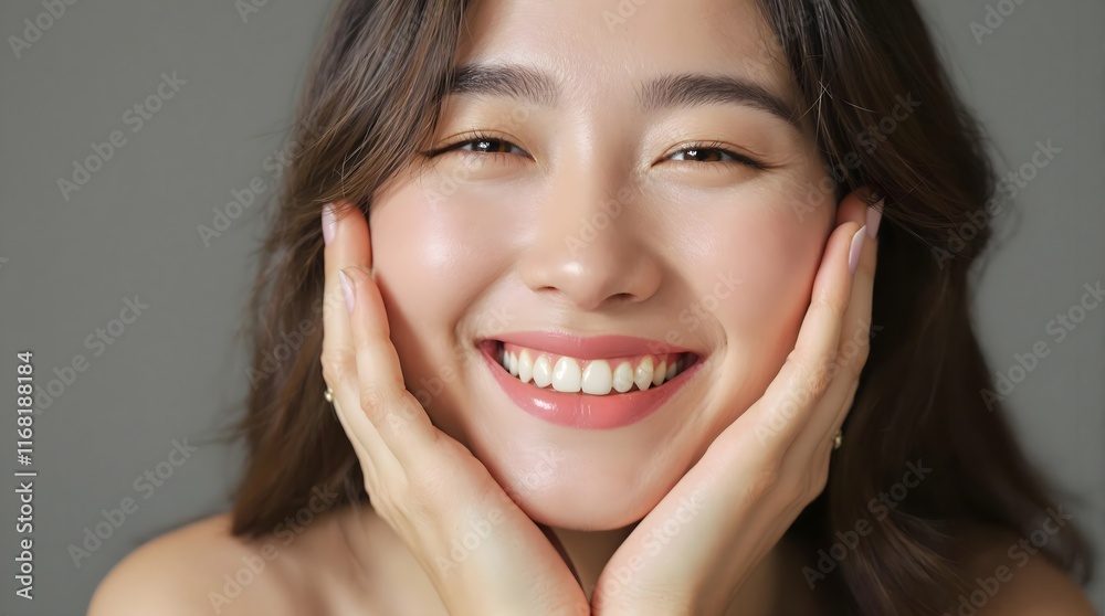Radiant Asian Woman with Flawless Glass Skin Smiling, Skincare and Beauty Concept, Natural Makeup, Happy Face, Facial Care and Healthy Complexion Radiant Asian Woman with Flawless Glass Skin Smiling, Skincare and Beauty Concept, Natural Makeup, Happy Face, Facial Care and Healthy Complexion