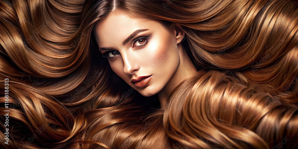Obraz premium Lustrous brown hair, styled in soft waves, photographed up close to highlight its texture and smooth, curved strands.