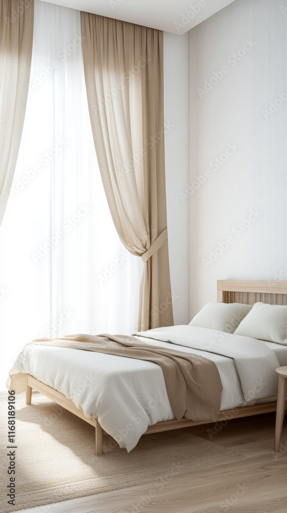 Fototapeta premium Bright and airy bedroom with modern decor and natural light in a minimalist setting