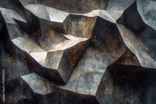 Abstract textured background of dark gray and brown geometric shapes resembling a rugged, weathered stone surface.