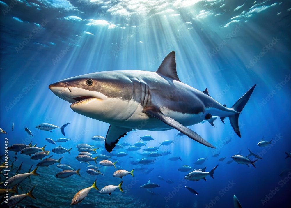 Fototapeta premium Ocean blue: wildlife photography captures a great white shark's aerial perspective, pilot fish in tow.
