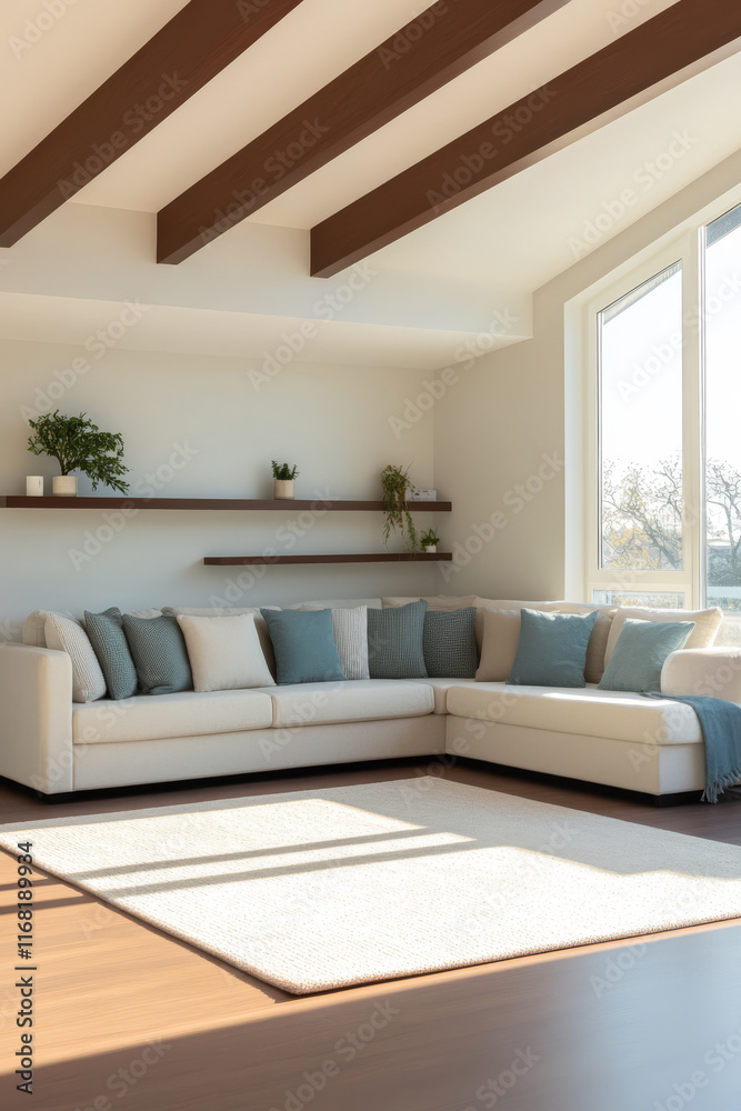 Fototapeta premium Modern living room with a cozy sectional sofa and large windows in a bright space