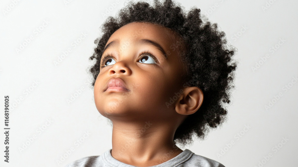 Thoughtful Contemplation. A child gazes off into the distance with brows slightly furrowed and lips gently pursed, lost in deep thought on white studio background Thoughtful Contemplation. A child gazes off into the distance with brows slightly furrowed and lips gently pursed, lost in deep thought on white studio background