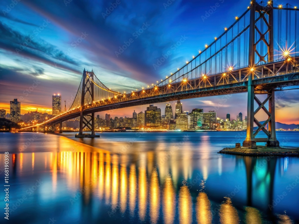 Obraz premium San Francisco's iconic Bay Bridge at night: a low-light cityscape panorama showcasing the Golden Gate City's brilliance.