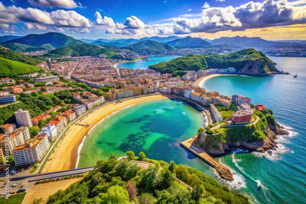 Obraz premium San Sebastian's La Concha Beach and Monte Urgull: stunning aerial drone photography showcasing the bay's beauty.