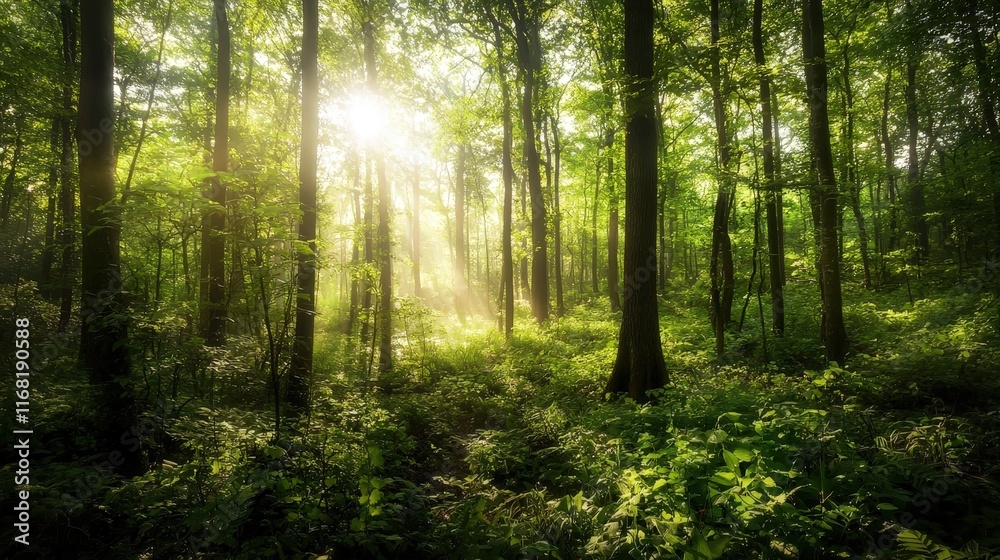 Serene sunlit forest with lush green undergrowth, peaceful woodland landscape Serene sunlit forest with lush green undergrowth, peaceful woodland landscape
