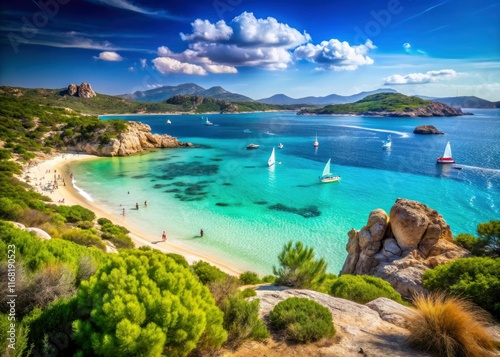 Sardinia's Porto Pollo: High-resolution image showcases stunning turquoise waters, white sand, and windsurfing action.