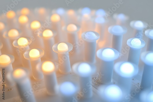 Close-up of a grid of illuminated LEDs emitting warm and cool white light. photo