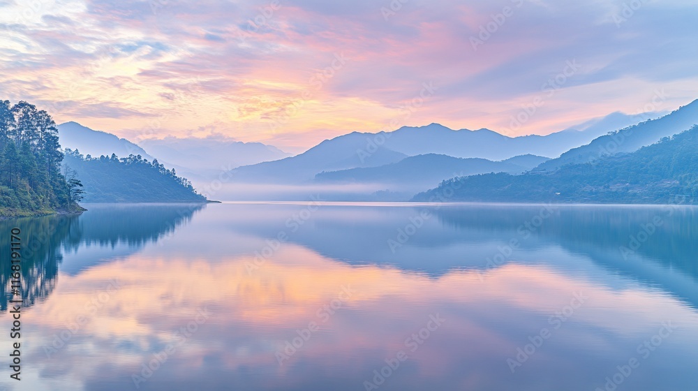 Serene sunrise over a calm lake mirroring pastel-colored sky and misty mountains. Serene sunrise over a calm lake mirroring pastel-colored sky and misty mountains.