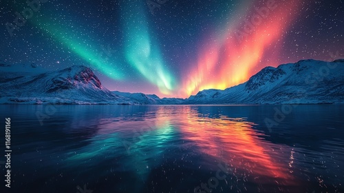 Northern Lights over snowy mountains, aurora borealis with starry in the night sky