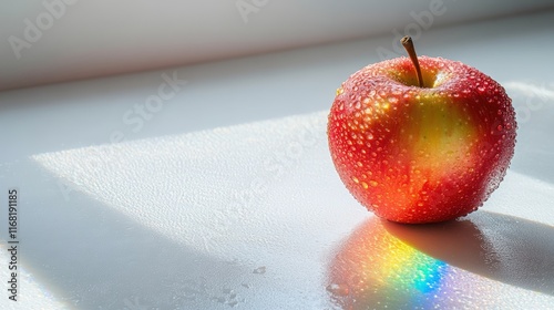 an apple with mandelbrot rainbows on a white background.