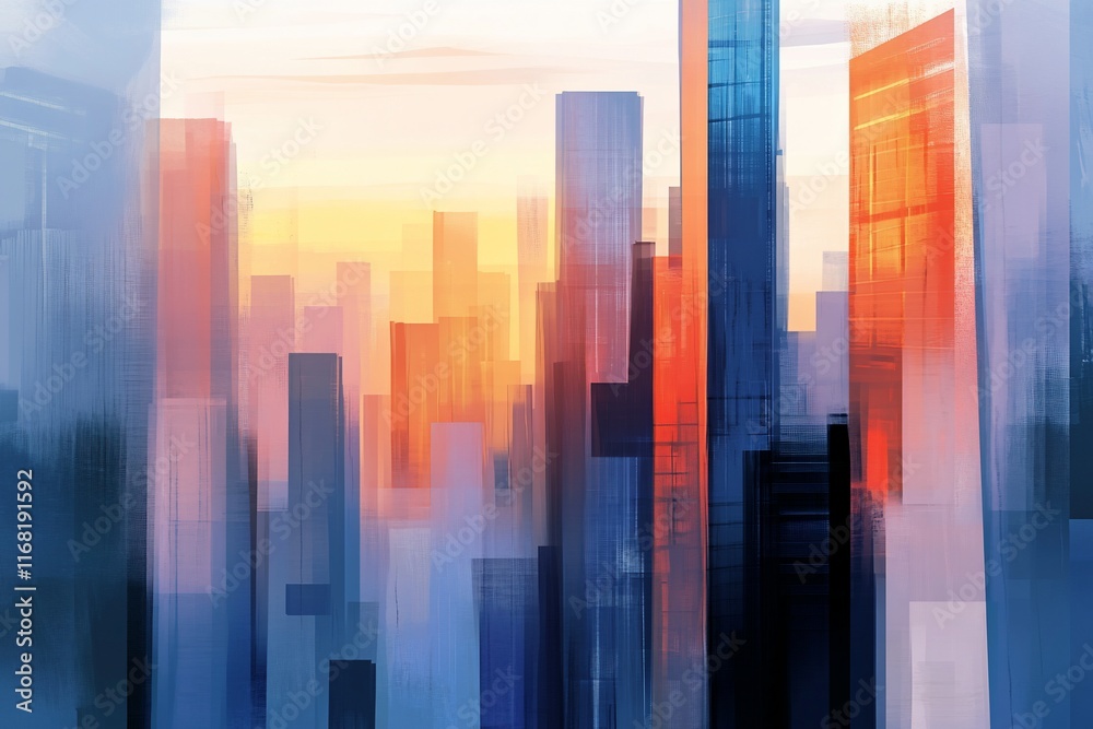 Impressionistic cityscape at sunrise, vibrant colors, hazy atmosphere, abstract buildings.