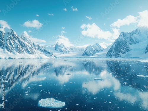 Antarctica ocean bay aerial landscape in sunny day, melting ice floe on water surface, snow covered mountains photo