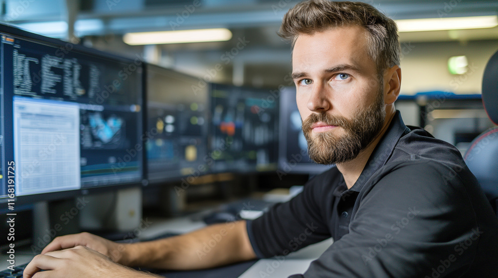 Focused young man working on multiple screens in high-tech environment, showcasing programming skills Focused young man working on multiple screens in high-tech environment, showcasing programming skills