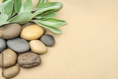 Natural Elements Arrangement with Stones and Green Leaves on Sand Background