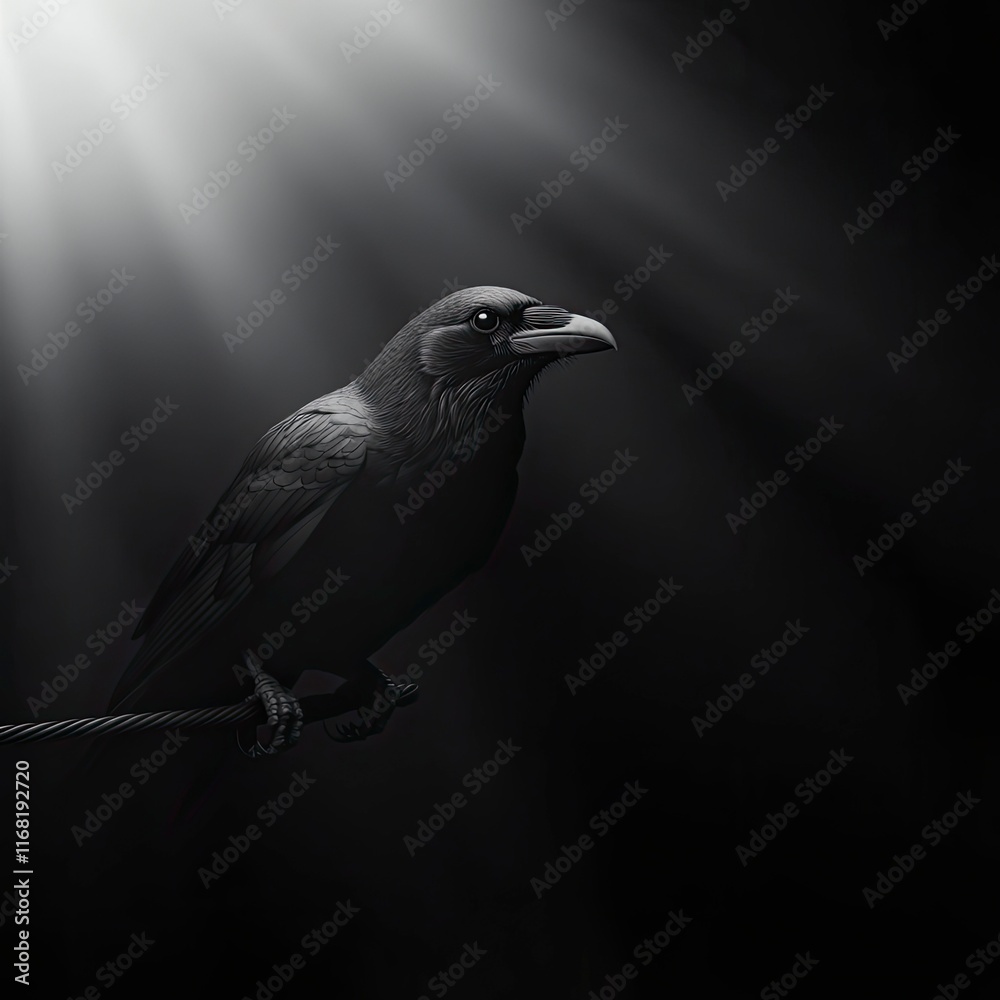 Fototapeta premium Mysterious black raven perched in dramatic lighting, symbolizing intelligence and mystery in a captivating monochrome setting