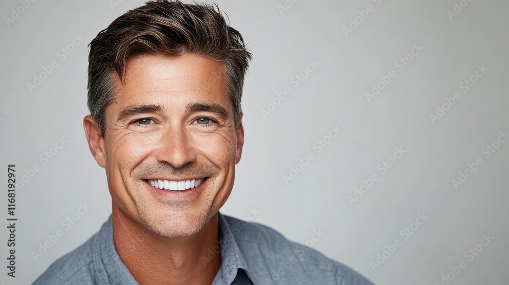 Confident Smiling Man with Short Hair Against Neutral Background Confident Smiling Man with Short Hair Against Neutral Background