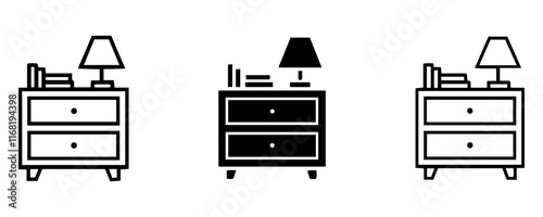 Nightstand cabinet with lamp icon sign set.