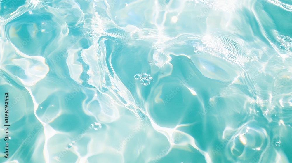 Transparent Blue Water Surface with Ripples, Splashes, and Bubbles: Abstract Summer Background for Cosmetics and Skincare Advertising