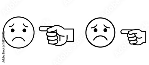 A black and white outline drawing of a frowning face paired with a pointing hand gesture.