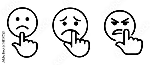 A black and white outline drawing of a frowning face paired with a pointing hand gesture.