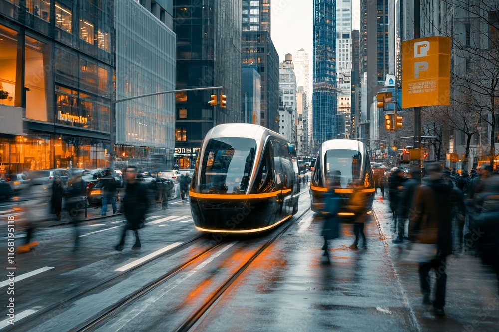 Fototapeta premium Modern trams navigating a bustling city street, showcasing urban transit and pedestrian movement.