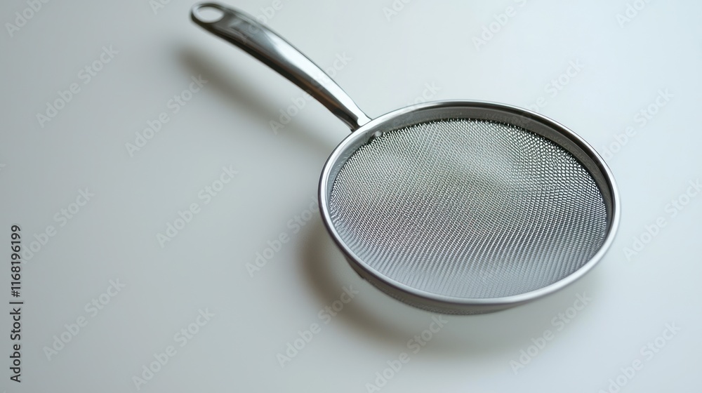 A single stainless steel kitchen strainer sits on a white surface