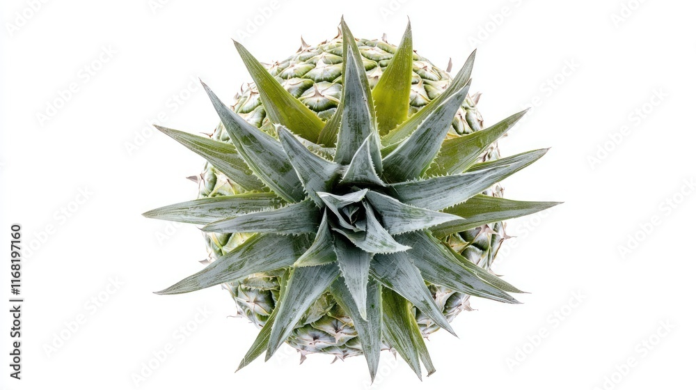 A Single Pineapple Top View Showing Leaves and Fruit A Single Pineapple Top View Showing Leaves and Fruit