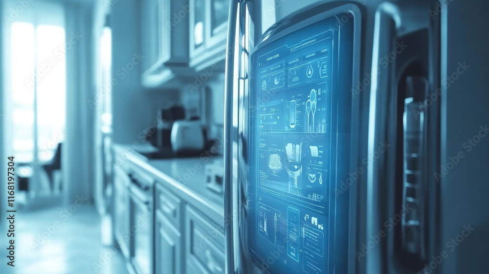 Smart kitchen appliance with futuristic design and digital interface, showcasing advanced technology in modern kitchen setting. sleek refrigerator enhances functionality and style Smart kitchen appliance with futuristic design and digital interface, showcasing advanced technology in modern kitchen setting. sleek refrigerator enhances functionality and style