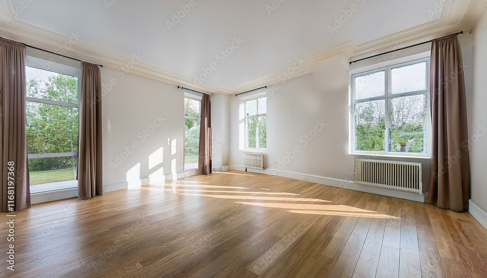 Fototapeta premium stock photo features an empty room with white walls, hardwood floors, and large windows