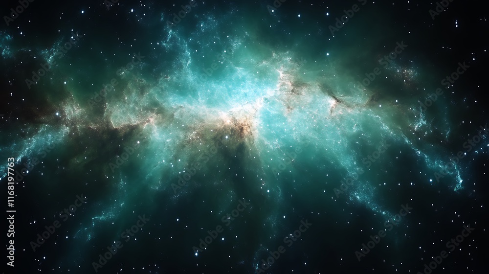 Naklejka premium Cosmic Nebula: Teal and Gold Galactic Dreamscape