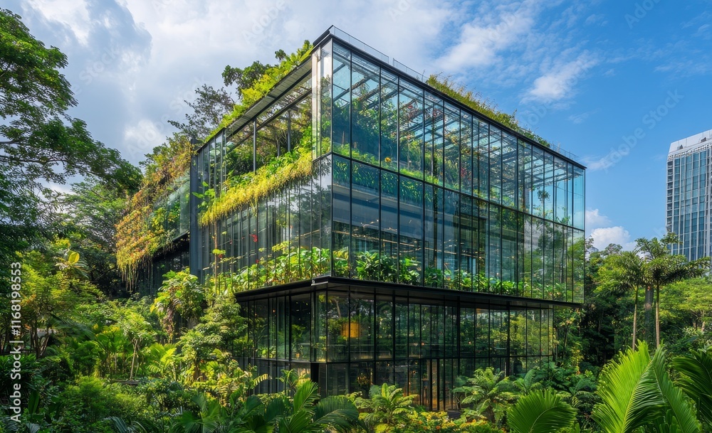 Modern glass building with lush greenery. Modern glass building with lush greenery.