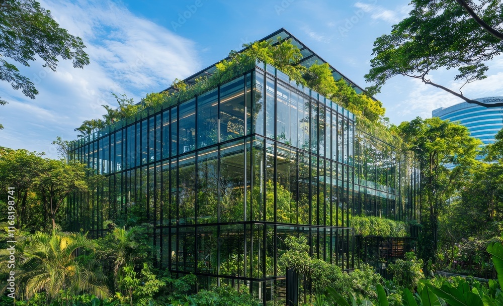 Modern glass building with green roof and walls, surrounded by lush tropical foliage. Modern glass building with green roof and walls, surrounded by lush tropical foliage.