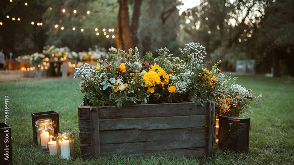 Birthday Background - A rustic wooden planter filled with vibrant flowers, surrounded by candles in an outdoor setting. Birthday Background - A rustic wooden planter filled with vibrant flowers, surrounded by candles in an outdoor setting.