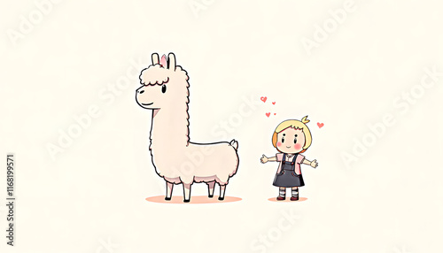 Girl with a llama in a cute cartoon style, joyful mood, standing together with hearts, minimal background
