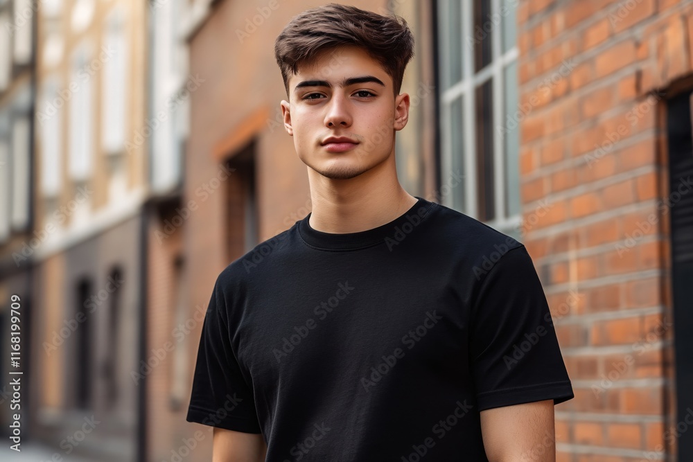 Stylish Young Man in Black T-Shirt Posing Confidently Against Urban Brick Background Stylish Young Man in Black T-Shirt Posing Confidently Against Urban Brick Background