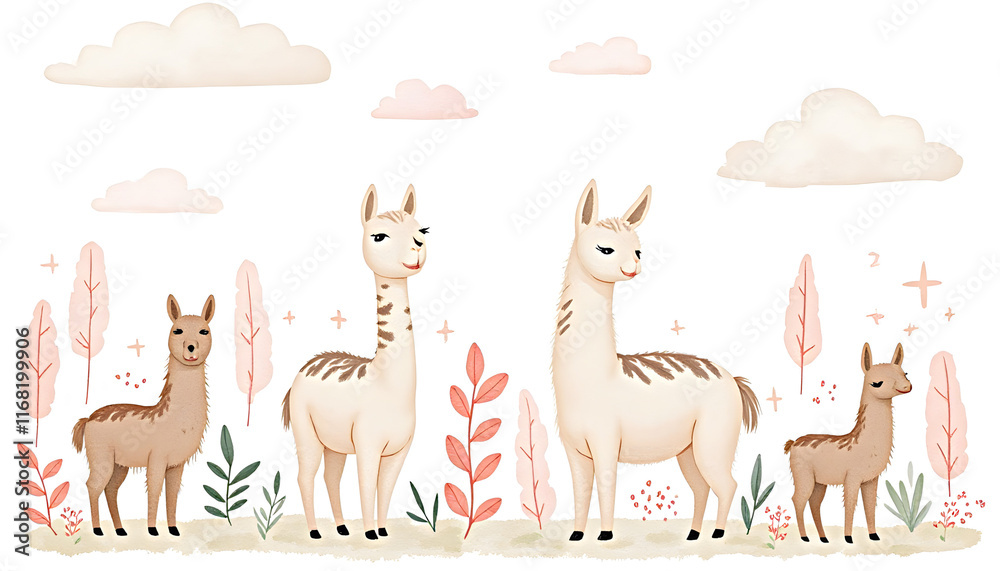Fototapeta premium Cartoon Llama Family with Forest Elements