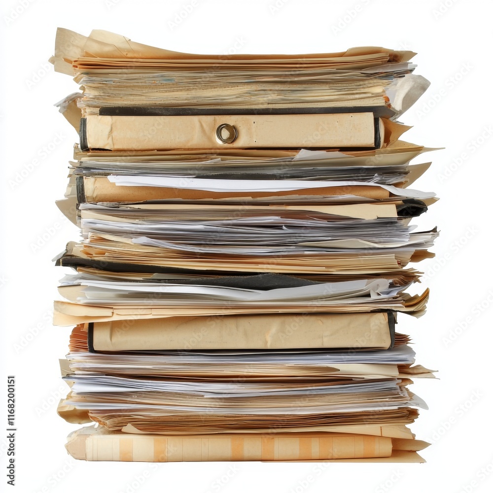 Stacked Piles of Paperwork and Folders Showing Disorganization and Administrative Overload in Office Environment Stacked Piles of Paperwork and Folders Showing Disorganization and Administrative Overload in Office Environment