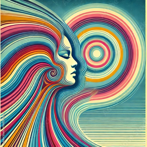 Potret profil seorang perempuan, dikelilingi ruang terbuka, poster tahun 1970-an, psikedelik, warna pelangi cerah, pusaran, abstrak, latar belakang biru muda, terpusat, ruang terbuka photo