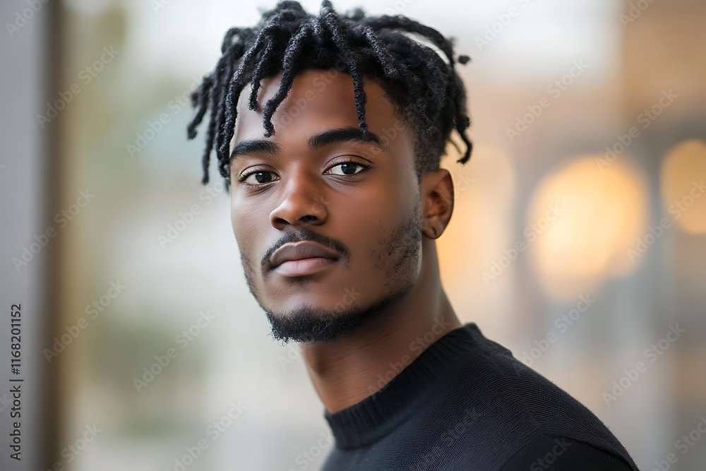 Young African American man in a modern office with a blurred background of office elements Young African American man in a modern office with a blurred background of office elements